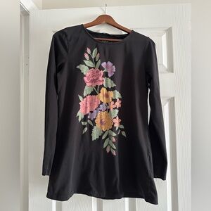 Sahalie Black Floral Long Sleeve Top 100% Cotton